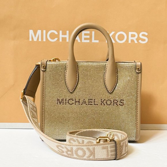 Michael Kors Mirella XS MINI Shopper Tote Shoulder Crossbody Bag Sequins Camel - Picture 1 of 13